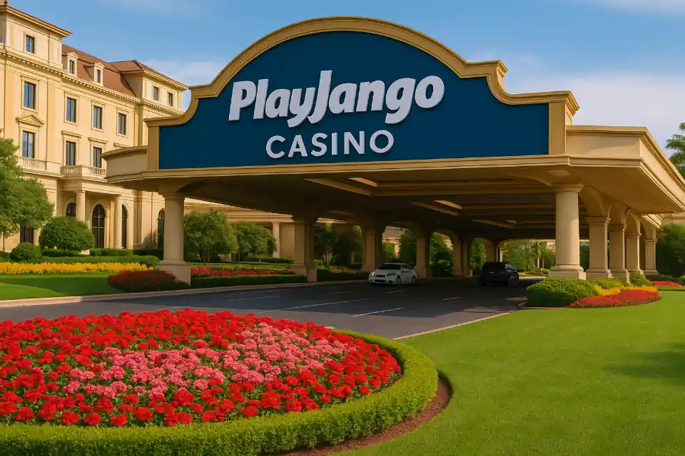 PlayJango Casino real, entrada, patio delantero y césped con flores.